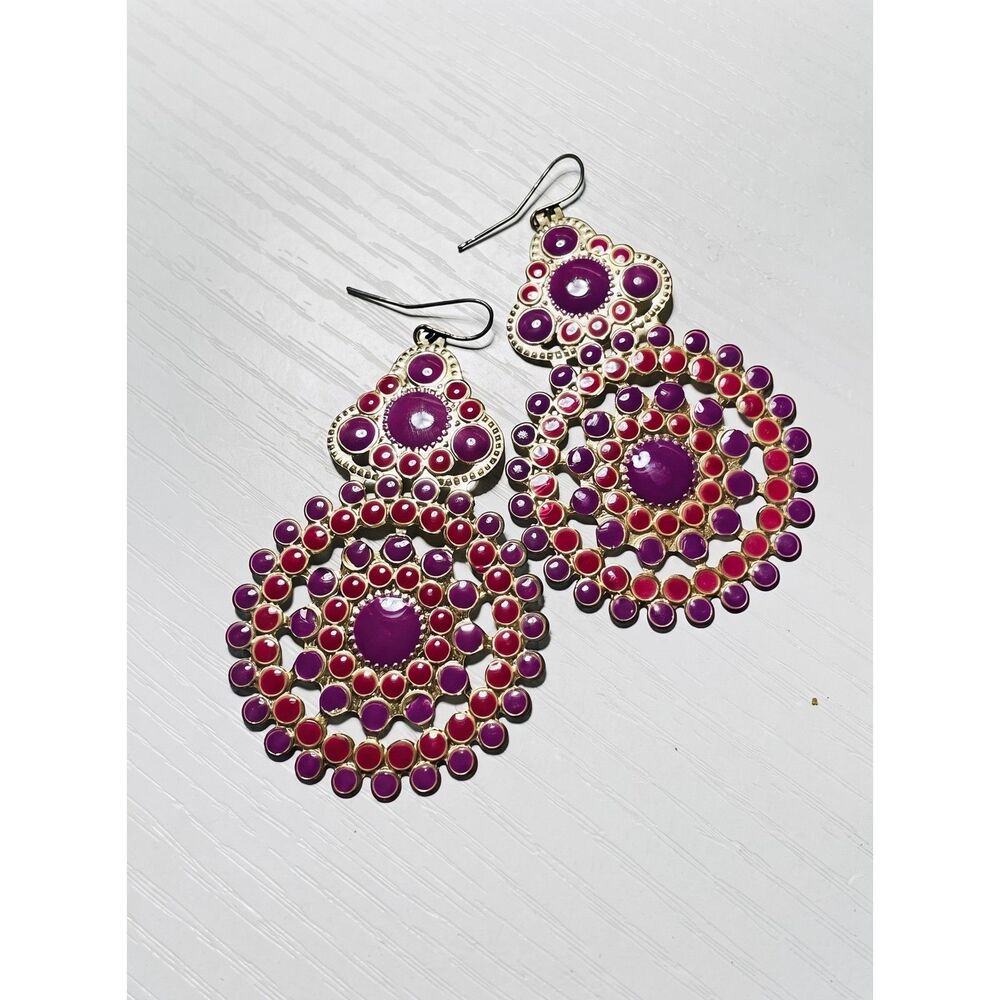 Statement Gold Tone Drop Earrings Purple Red Enamel Lightweight Boho